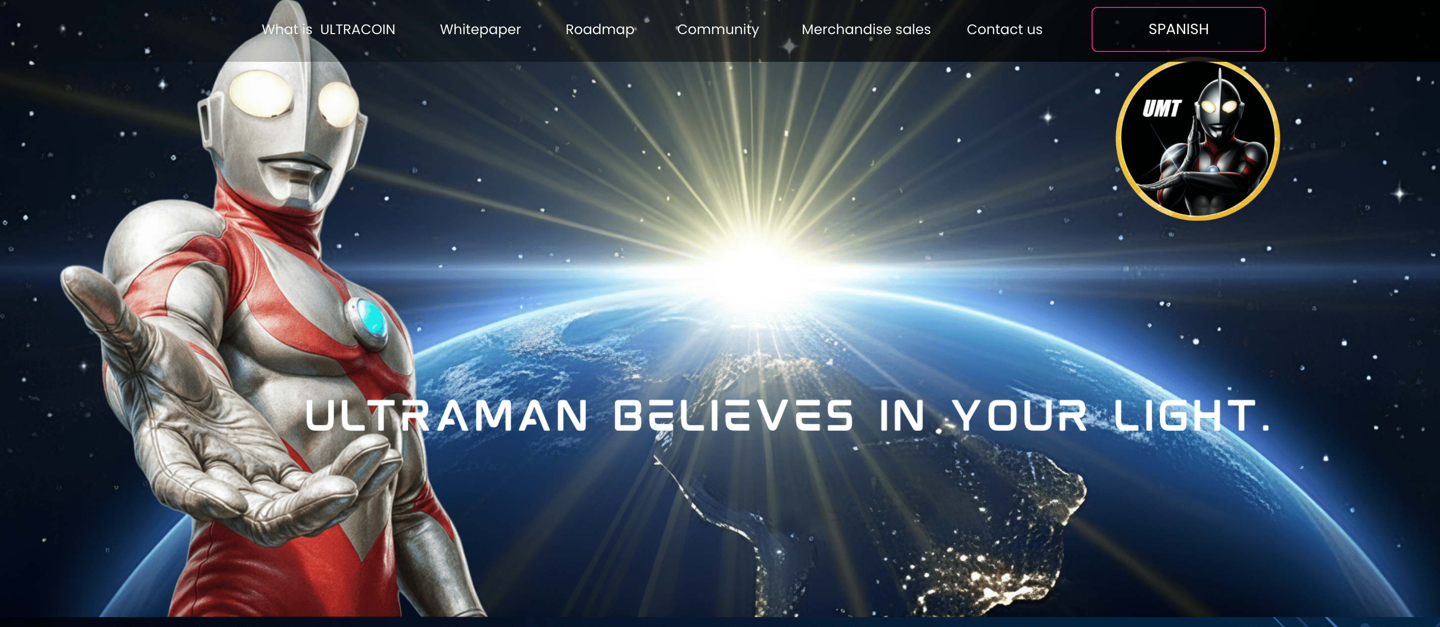 一位穿着银色和红色战斗服的英雄，伸出手掌，背景是闪耀的光芒与地球的轮廓。