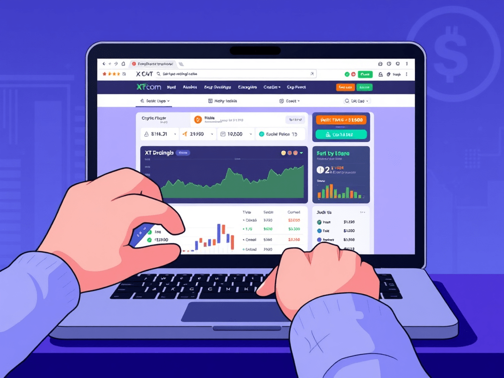 一只手在操作一台计算机,屏幕显示关于加密货币交易的数据和图表,背景呈现紫色,强调数字资产交易的主题。