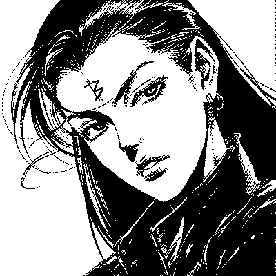 黑白线条风格的动漫角色，长发，戴着耳环，前额有一个符号，表情冷酷，具有强烈的个性。