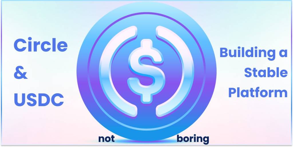 Circle 和 USDC 的品牌标识，中心有一个蓝色的美元符号，周围有光晕效果，文本显示 'Building a Stable Platform' 和 'not boring'
