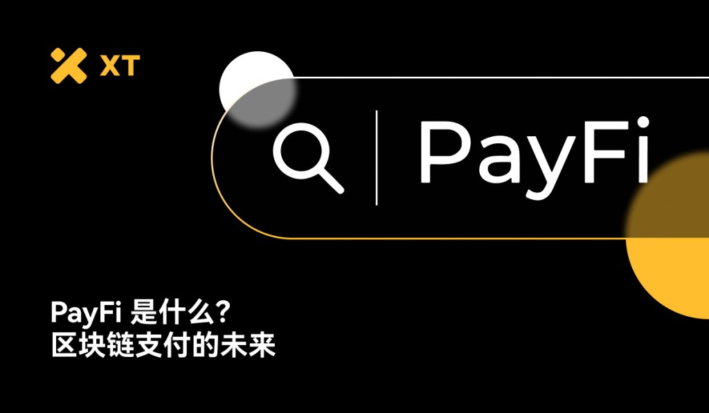 PayFi 介绍图，包含搜索图标和标题，背景为黑色，带有黄色和白色元素。