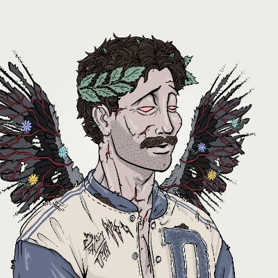 一幅描绘男性角色的插图,穿着运动夹克,头戴月桂冠,具有一双翅膀,翅膀由树枝和花朵构成,背景为浅色调,展现出一种超现实主义风格的艺术作品。