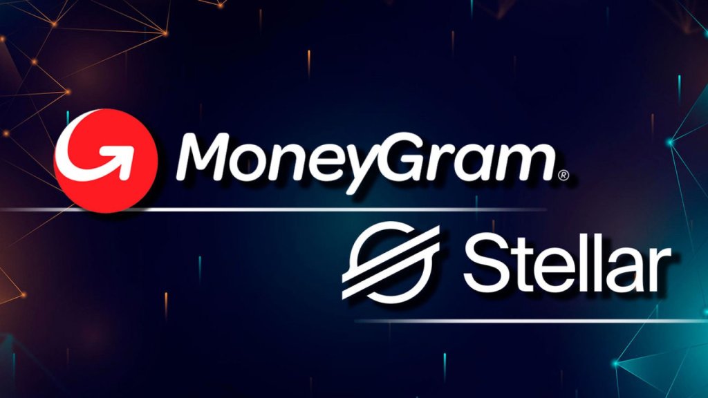 MoneyGram and Stellar logos on a digital background, representing a collaboration for cash deposit and withdrawal channels.
