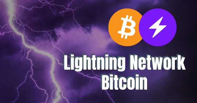 比特币闪电网络的标志，背景为电闪雷鸣的紫色云彩，显示出即时小额支付的概念。