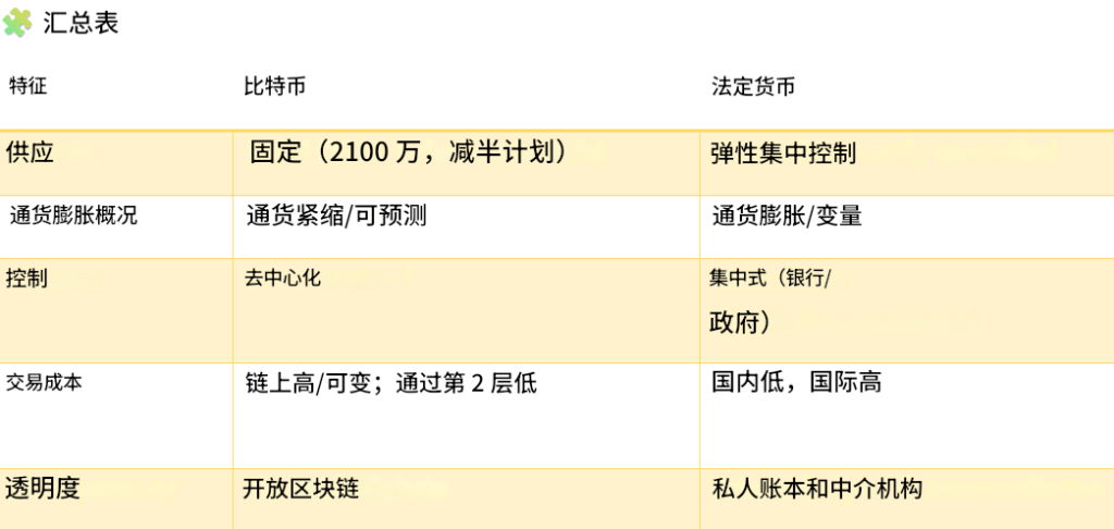 比特币与法定货币的对比表，展示了两者在供给、控制、交易成本和透明度等方面的差异。