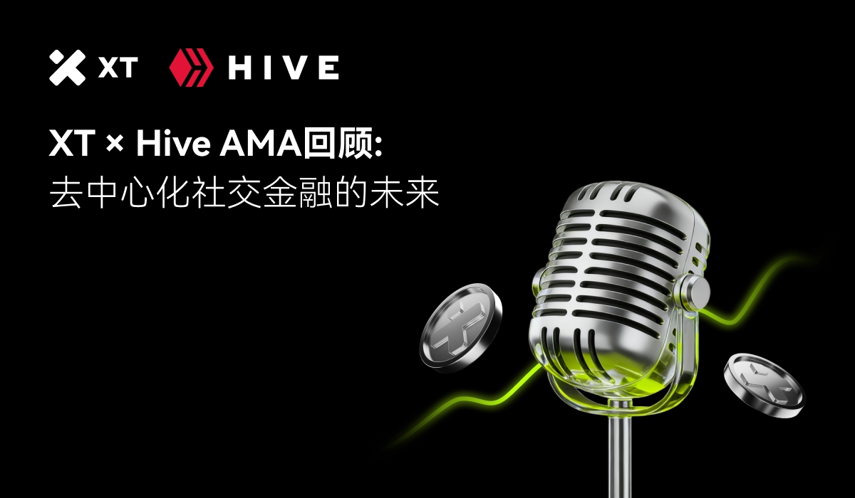 The image features a stylized microphone alongside digital currency symbols, with text overlay highlighting a collaboration between XT and Hive for an AMA event focused on decentralized social finance.