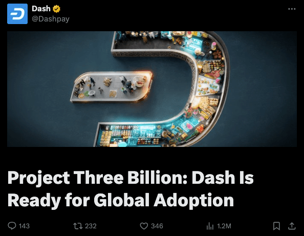 Dash 于 X 公布的 “三十亿人计划” 