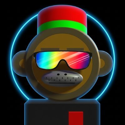 一幅虚拟角色的形象,角色戴着彩色的太阳镜和红色的帽子,背景为蓝色光环,展现出未来科技感和独特风格。