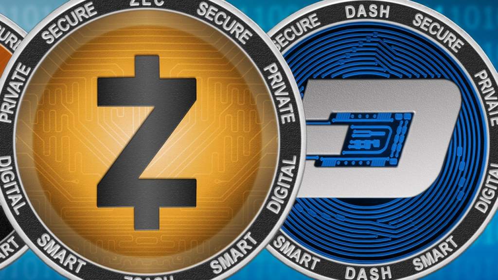 Zcash (ZEC) 和达世币 (Dash) 的对比图,展示了两种加密货币的标志,背景包含数字网络元素。