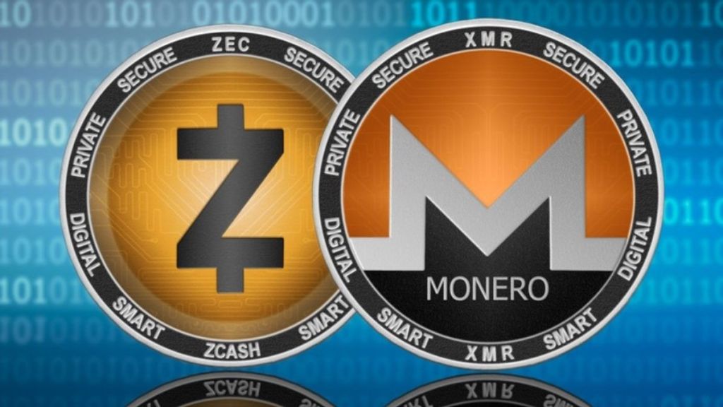Zcash (ZEC) 和门罗币 (XMR) 的加密货币标志,分别展示在一张数字化背景上,象征着隐私和安全的区块链技术。