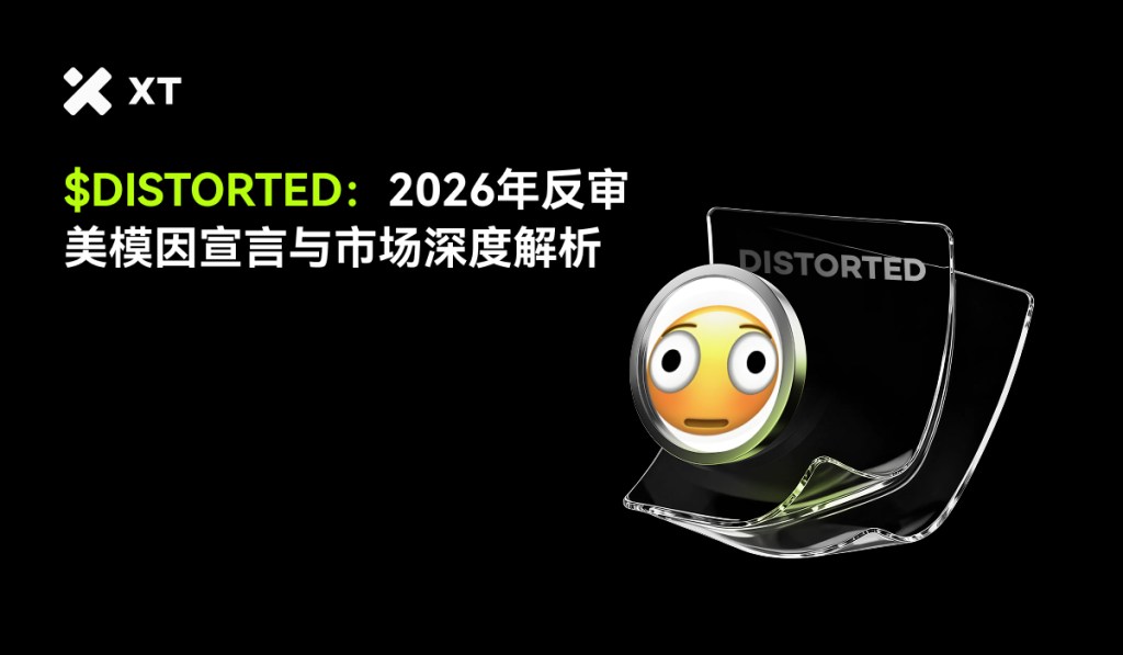 $DISTORTED logo with a surprised emoji, alongside text in Chinese referencing an analysis of advertising factors and market depth for the year 2026.