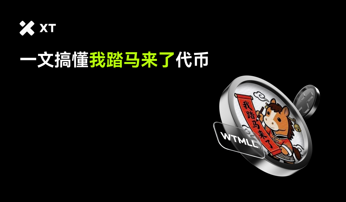 一枚带有马形象的WTMLL（我踏马来了）代币图案，旁边展示了XT交易平台的标志和相关文字。