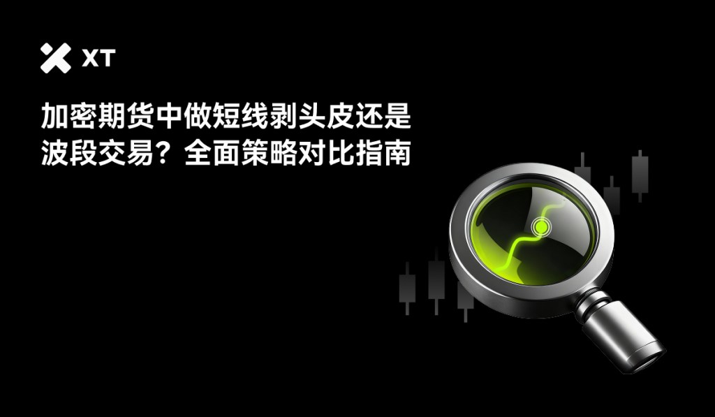 Magnifying glass over a wave pattern symbolizing trading strategies, with text in Chinese discussing trading approaches in futures.