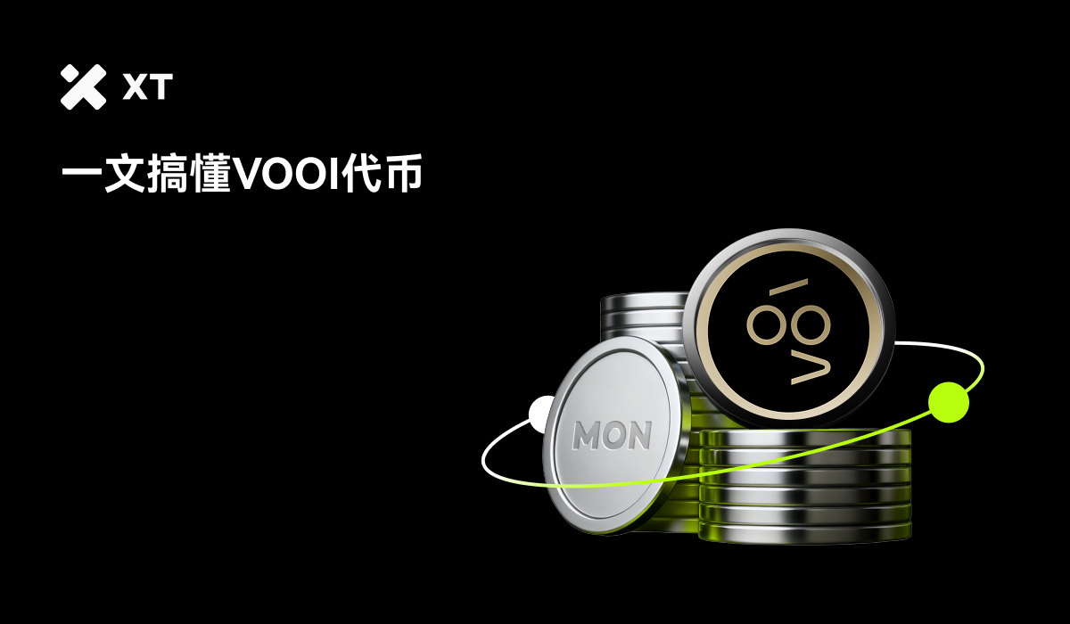 一张展示VOOI代币的插图，背景为黑色，代币前面有一堆银色硬币，左侧有文字说明，整体设计简洁现代，突显加密货币的主题。