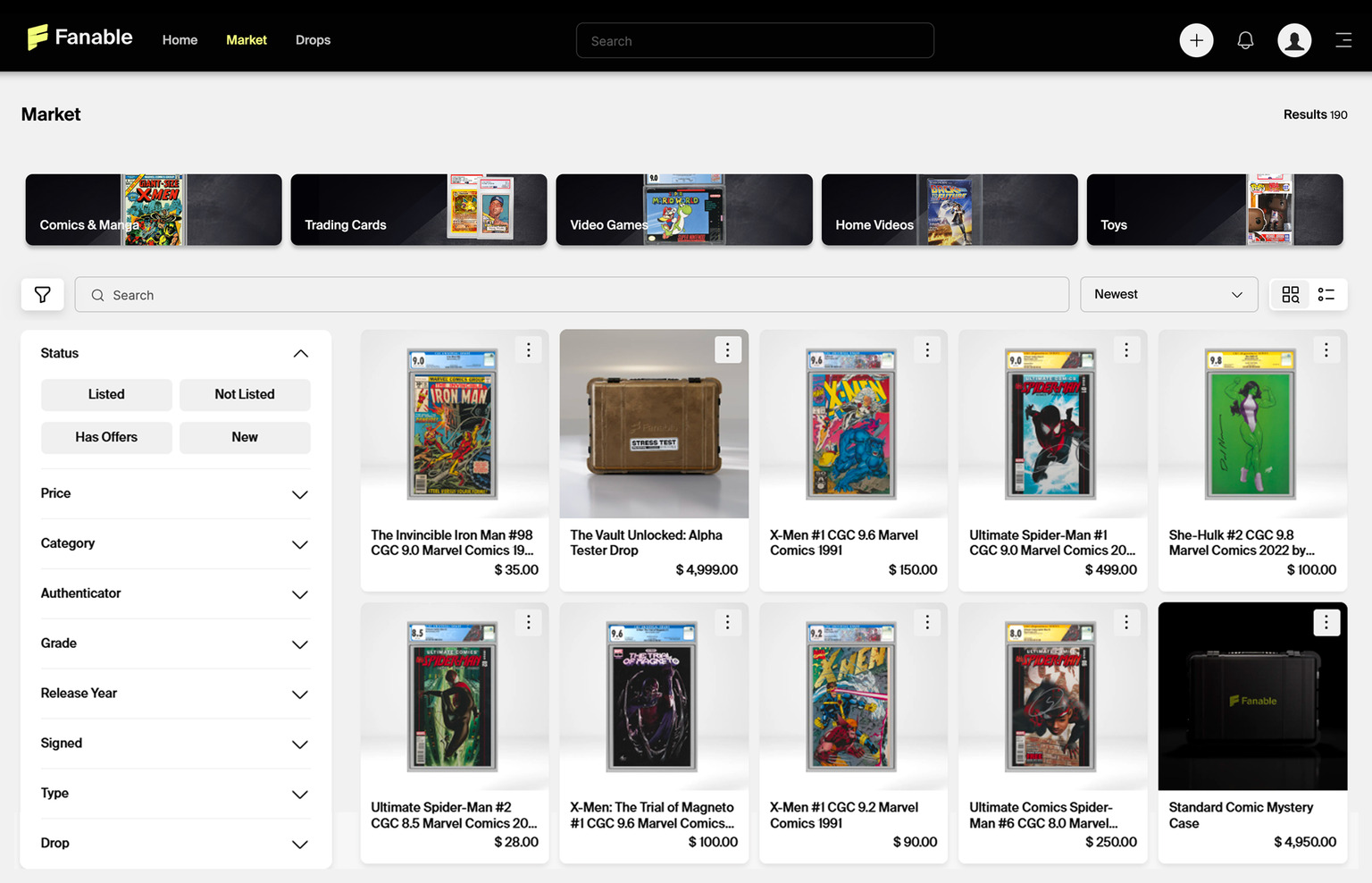 A screenshot of the Fanable marketplace displaying various collectible items, including comic books and trading cards, with price listings and categories.