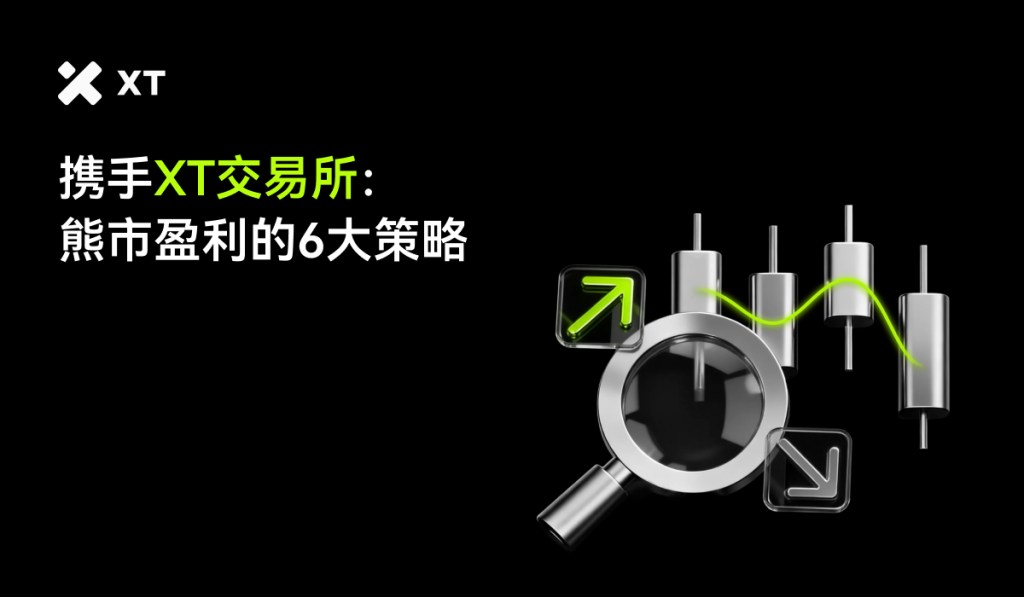 XT交易所的标志和图像，展示了六大策略以应对熊市，背景为黑色，图中包含蜡烛图和放大镜，展示市场分析的元素。