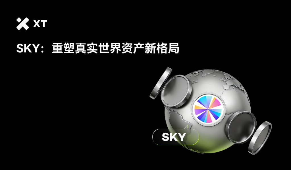 A digital graphic featuring the logo for SKY, set against a dark background with an abstract globe design. The text highlights the potential of SKY in reshaping real-world asset structures.