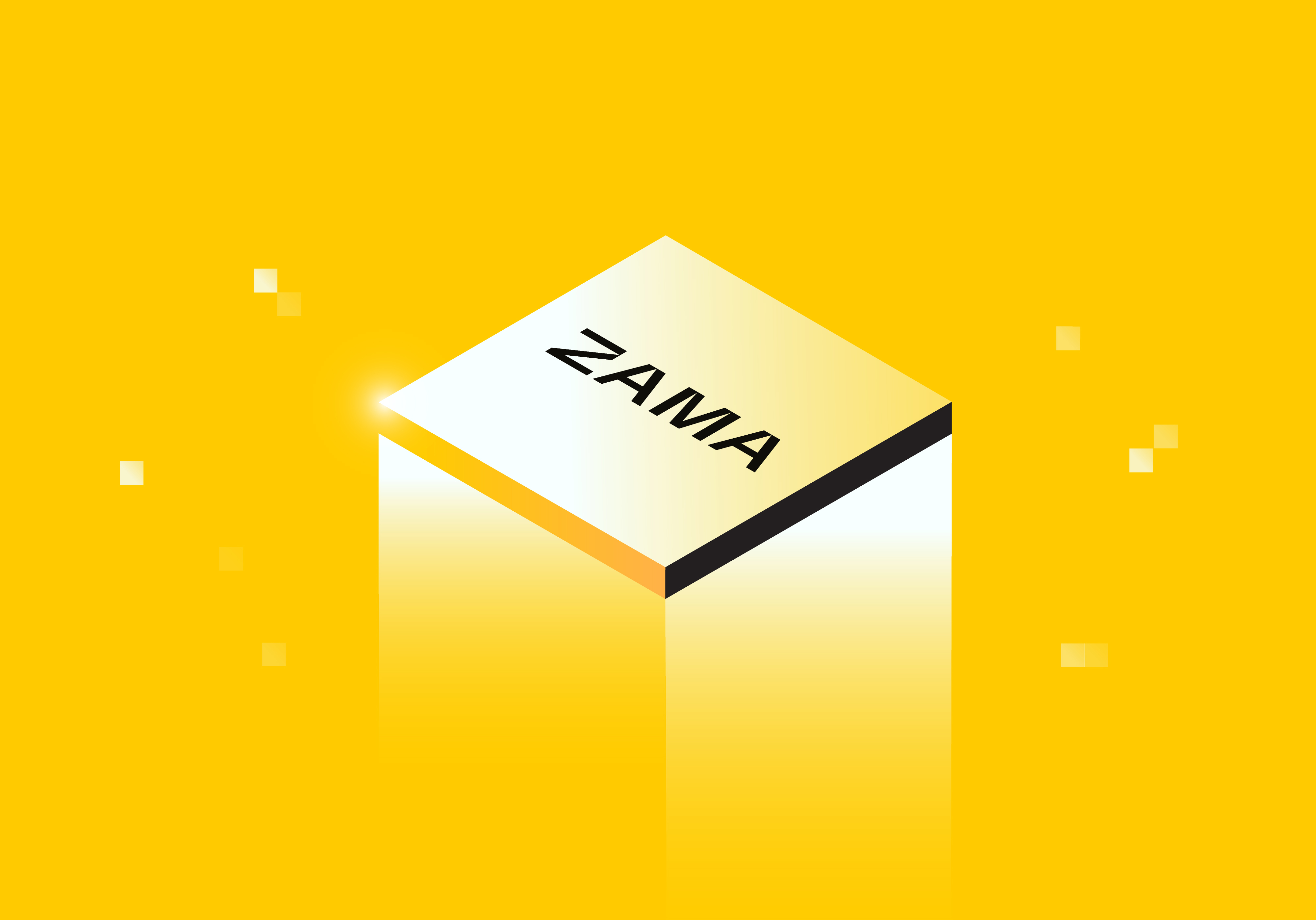 A stylized graphic featuring the word 'ZAMA' on a geometric block against a bright yellow background.