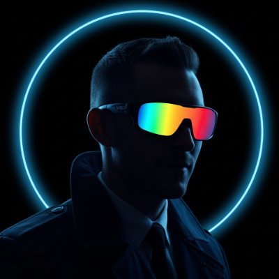 A profile silhouette of a person wearing colorful, futuristic sunglasses with a glowing circular halo effect in the background.