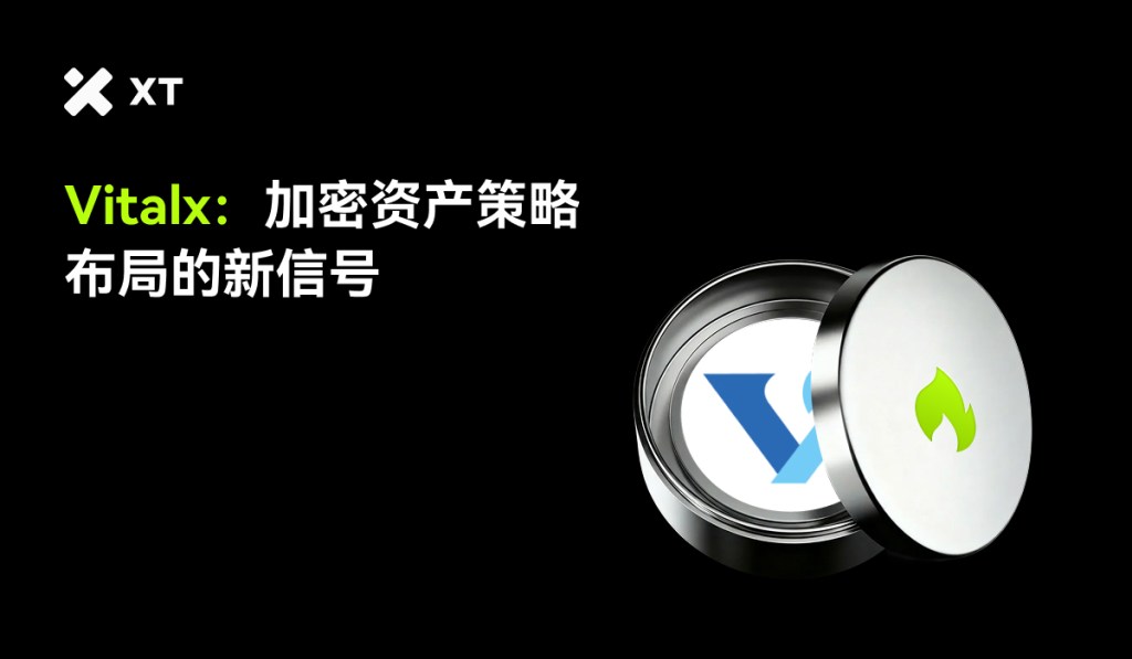 Logo of Vitalx with the text 'Vitalx: 加密资产策略布局的新信号' on a black background, featuring a container with the Vue.js logo and a flame symbol.