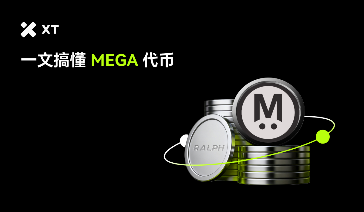 Graphic featuring stacked coins with the text 'MEGA', a coin labeled 'RALPH', and a logo with 'M.' against a black background.
