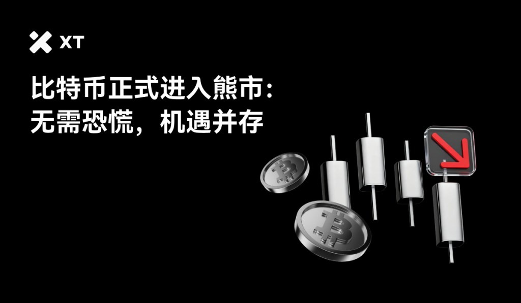 一组比特币图标和蜡烛图图形，背景为黑色，旁边有箭头指向下方，包含"比特币正式进入熊市：无需恐慌，机遇并存"的文字。