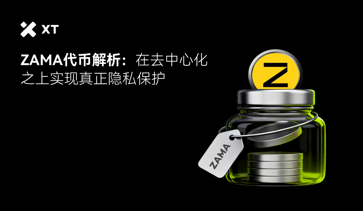 一个透明的容器内放置着带有锌标记的代币,标题显示为"ZAMA代币解析:在去中心化之上实现真正隐私保护"