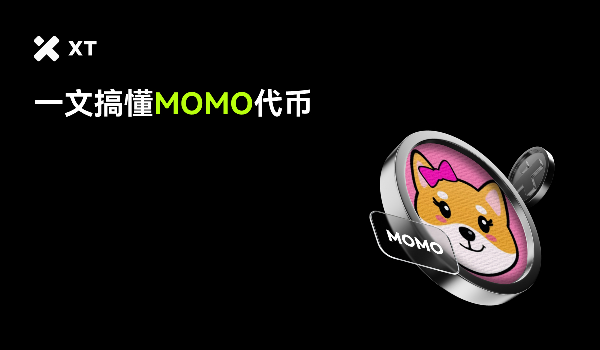 一枚展示 $MOMO 代币的图像,背景为黑色,代币图案为可爱的柴犬形象,旁边有'MOMO'字样,整体风格活泼且色彩鲜明。