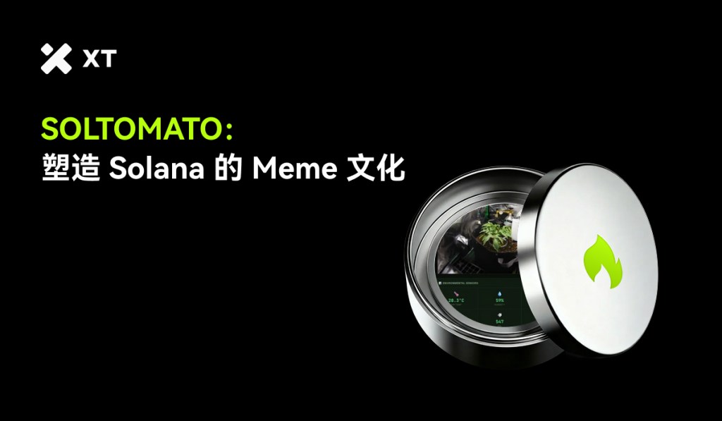 An image featuring the text 'SOLTOMATO: 盼造 Solana 的 Meme 文化' alongside a metallic container displaying a plant and digital readout on a black background.