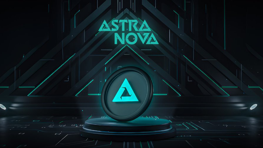 Astra Nova logo displayed on a futuristic pedestal against a dark background with neon accents.