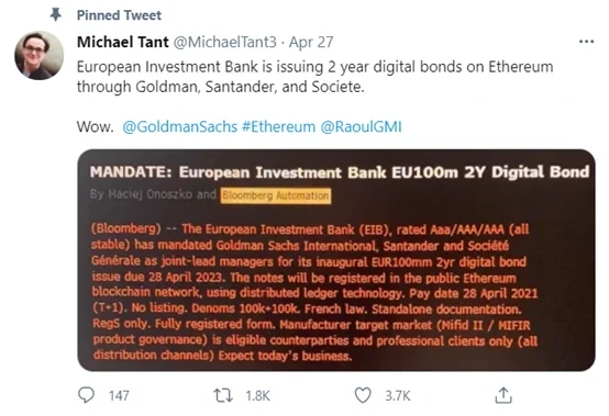 欧洲投资银行(EIB)计划首次利用区块链技术,在以太坊上发行1亿欧元的两年期债券