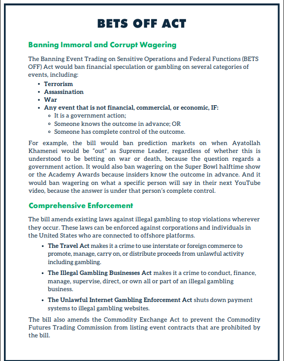 PREDICT 法案提出,禁止美國總統與國會議員參與預測市場.. BET OFF ACts