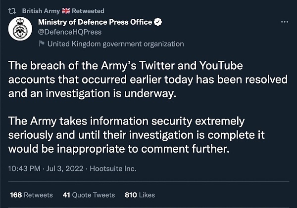 官方诈骗?英国陆军推特和YouTube账号被黑事件始末