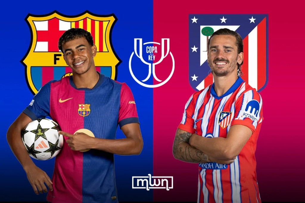 Two soccer players posing for a promotional image, one in a FC Barcelona jersey holding a soccer ball, and the other in an Atlético Madrid jersey, both set against their respective team colors with Copa del Rey logo in the center.