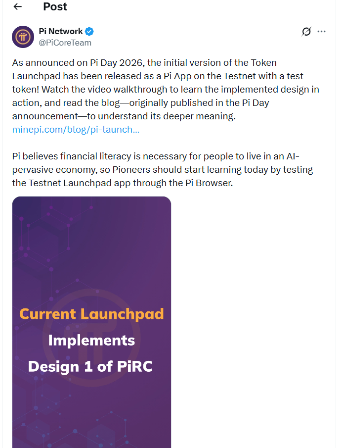 Pi Network Launchpad 公告 | Source. X