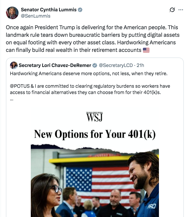 參議員盧米斯支持特朗普的加密貨幣監管 | 來源：X