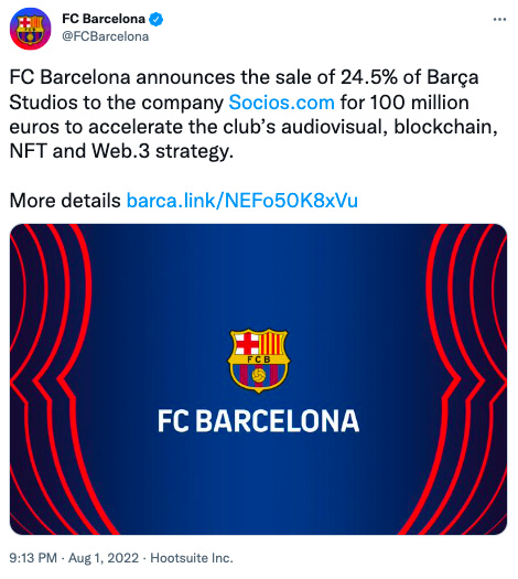 Chiliz将斥资1亿美元入股巴萨工作室,加速其Web3战略