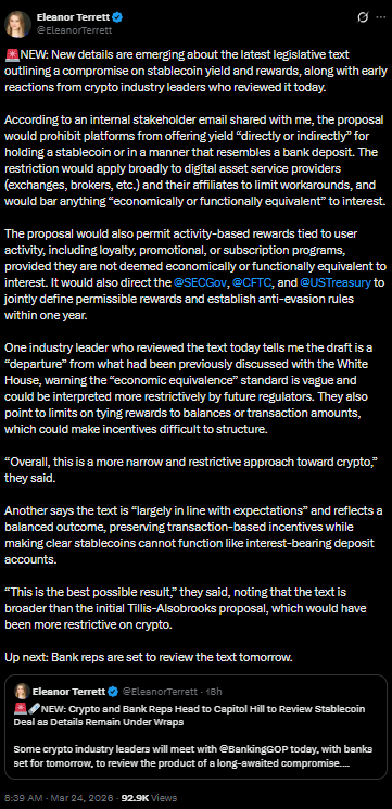 CLARITY 法案草案提議禁止穩定幣收益