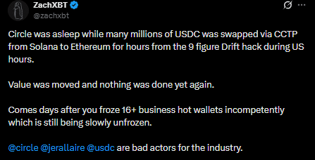 ZachXBT 指控 Circle 未凍結 Drift Protocol 黑客事件中的 2.3 億 USDC