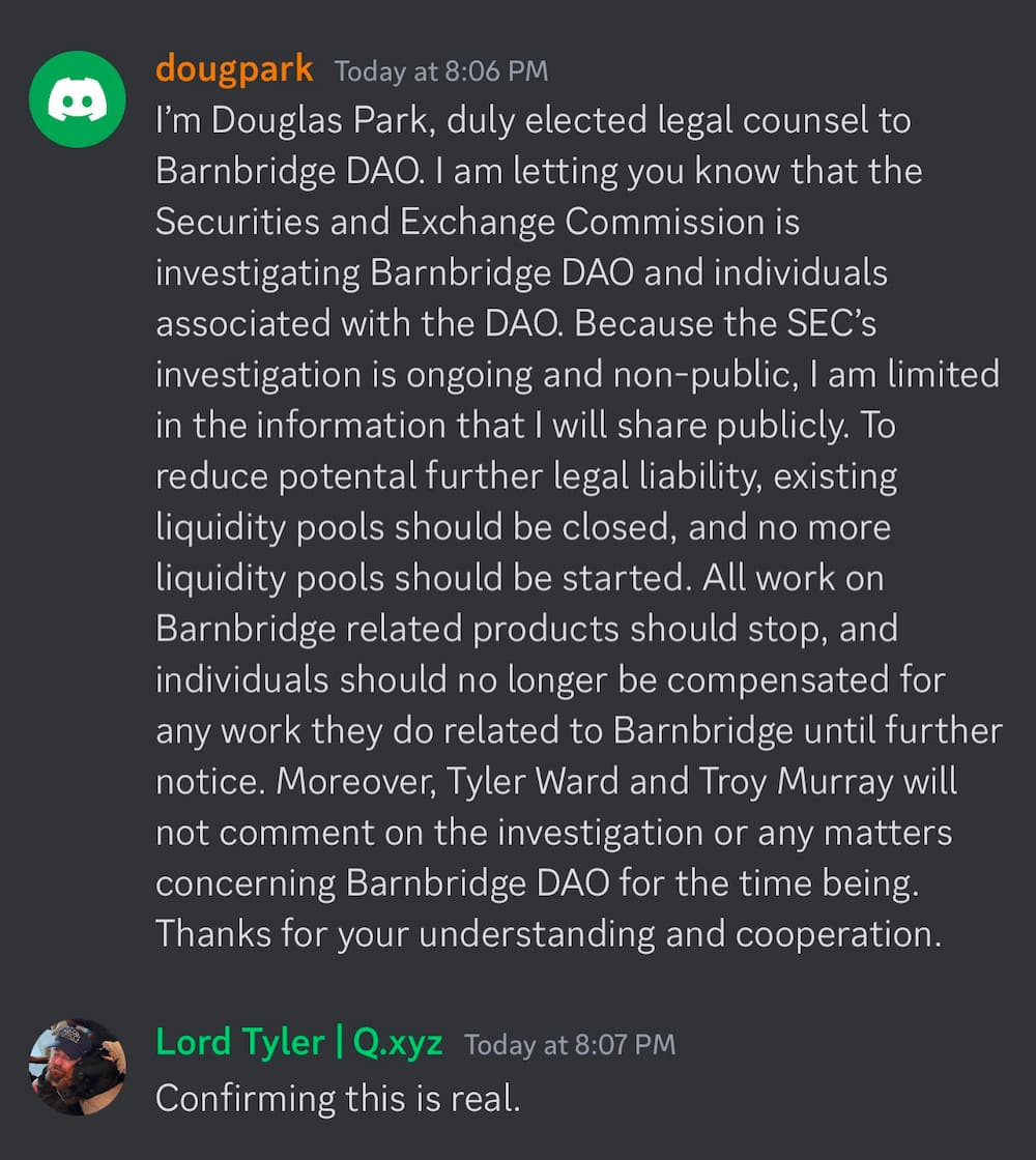 美 SEC 正在调查 BarnBridge DAO 和与该 DAO 相关的个人
