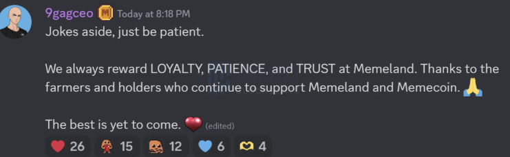 Memeland CEO：移除 FUD 用户奖励提议为玩笑话，恳请用户保持耐心