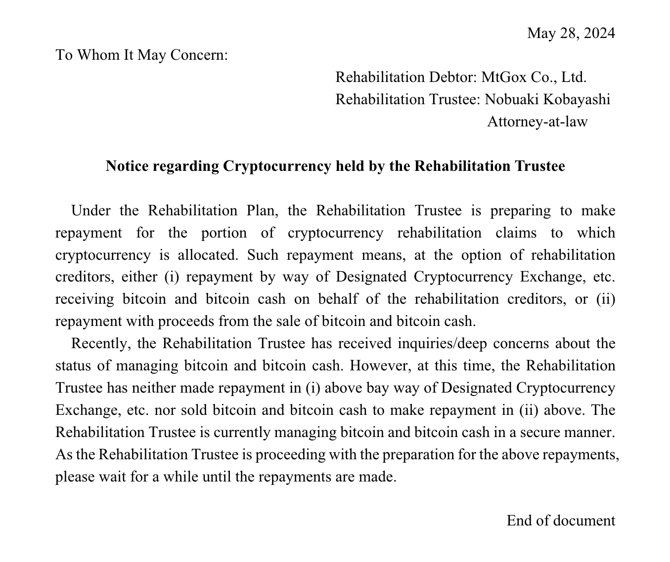 Mt. Gox：尚未出售比特币，转移比特币是为 10 月 31 日债权人还款截止日做准备