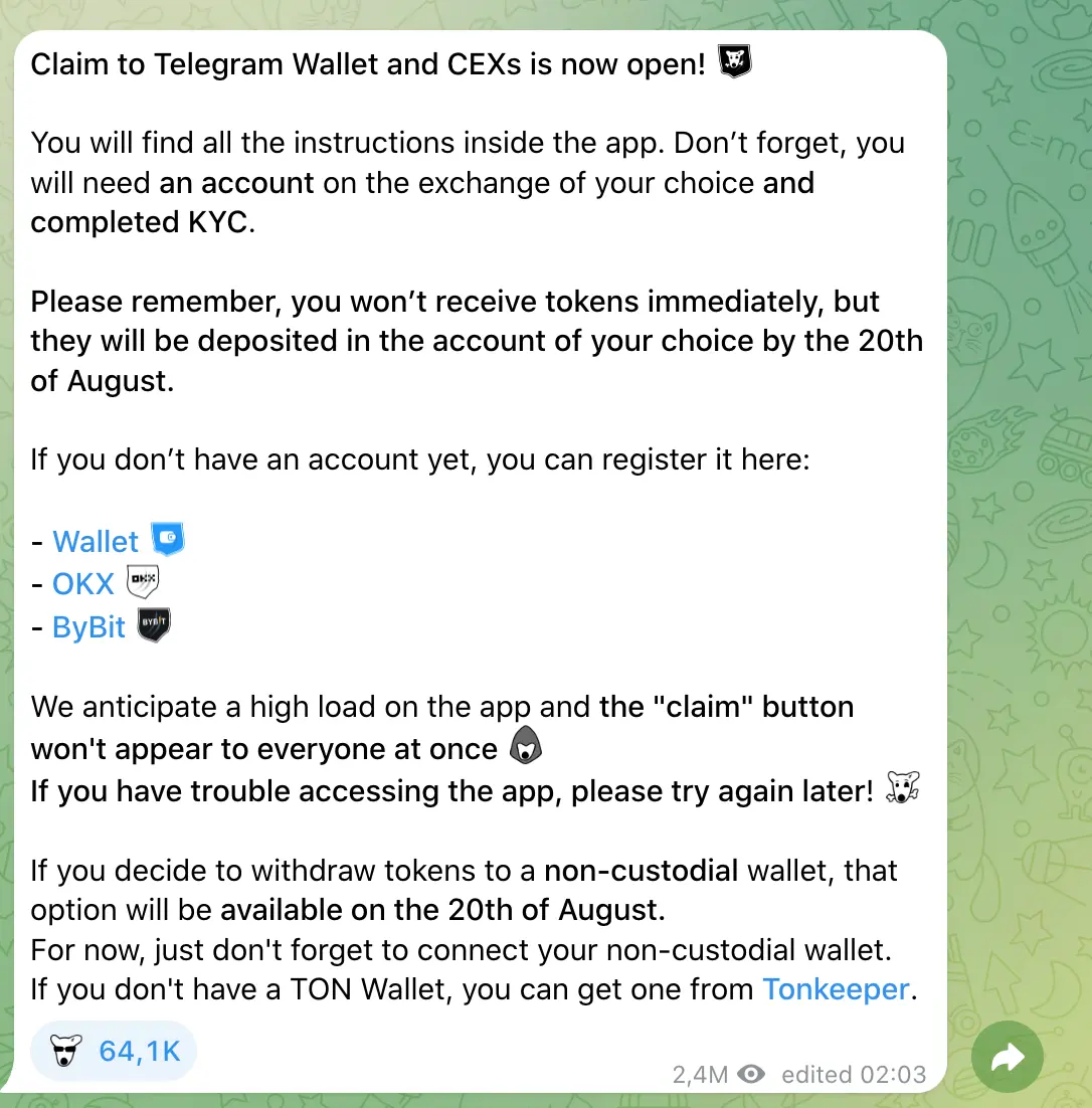 Dogs：已開放 DOGS 代幣領取至 Telegram 錢包和 CEX，8 月 20 日前存入對應賬戶