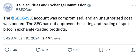 美 SEC X 账户今晨被盗发布「比特币现货 ETF 获批」假消息