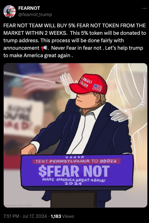 FEAR NOT：将在 2 周内从市场购买 5% 的 FEAR NOT 代币，并捐赠给特朗普地址