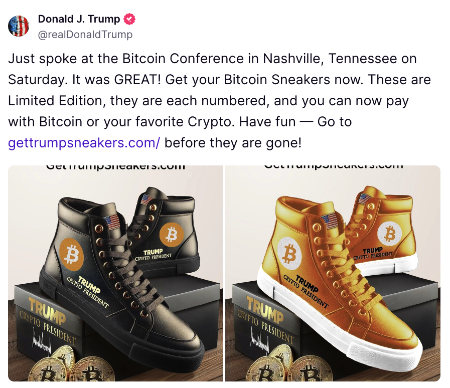 特朗普推出支持比特币等加密货币付款的限量版运动鞋