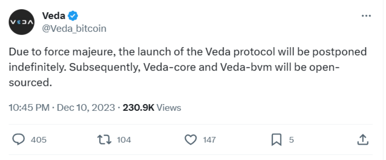 Veda 协议无限期推迟：Ordinals“漏洞”风波引发比特币社区争议