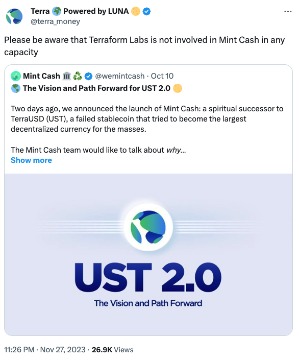 Terraform Labs：不以任何身份参与 Mint Cash