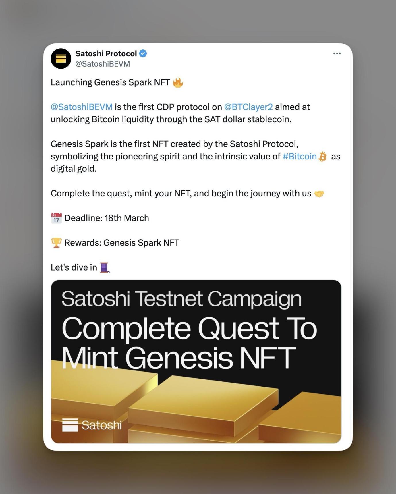 BTC Layer2 首发稳定币协议Satoshi Protocol 于BEVM 测试网启动，完成任务领取Genesis Spark NFT