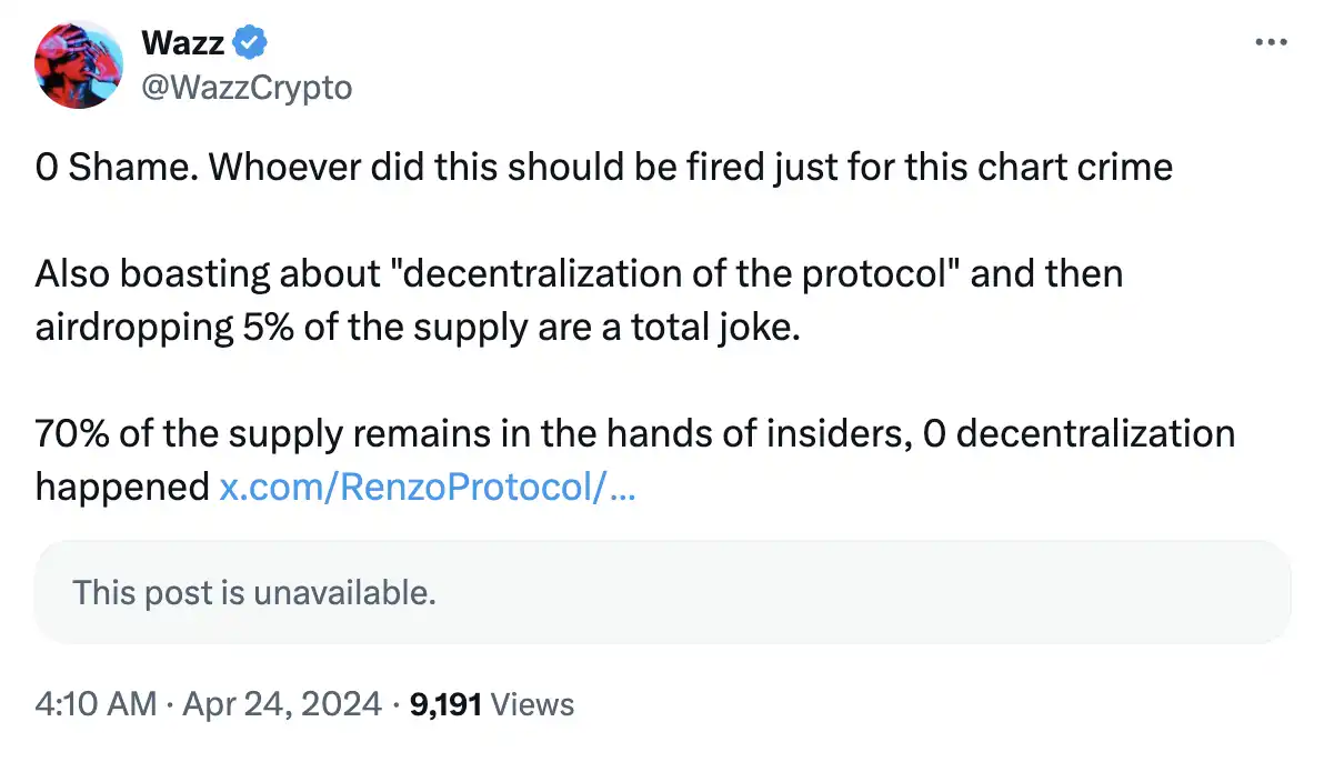 Renzo代币经济学遭受争议，“不满者”怒砸ezETH引发脱锚